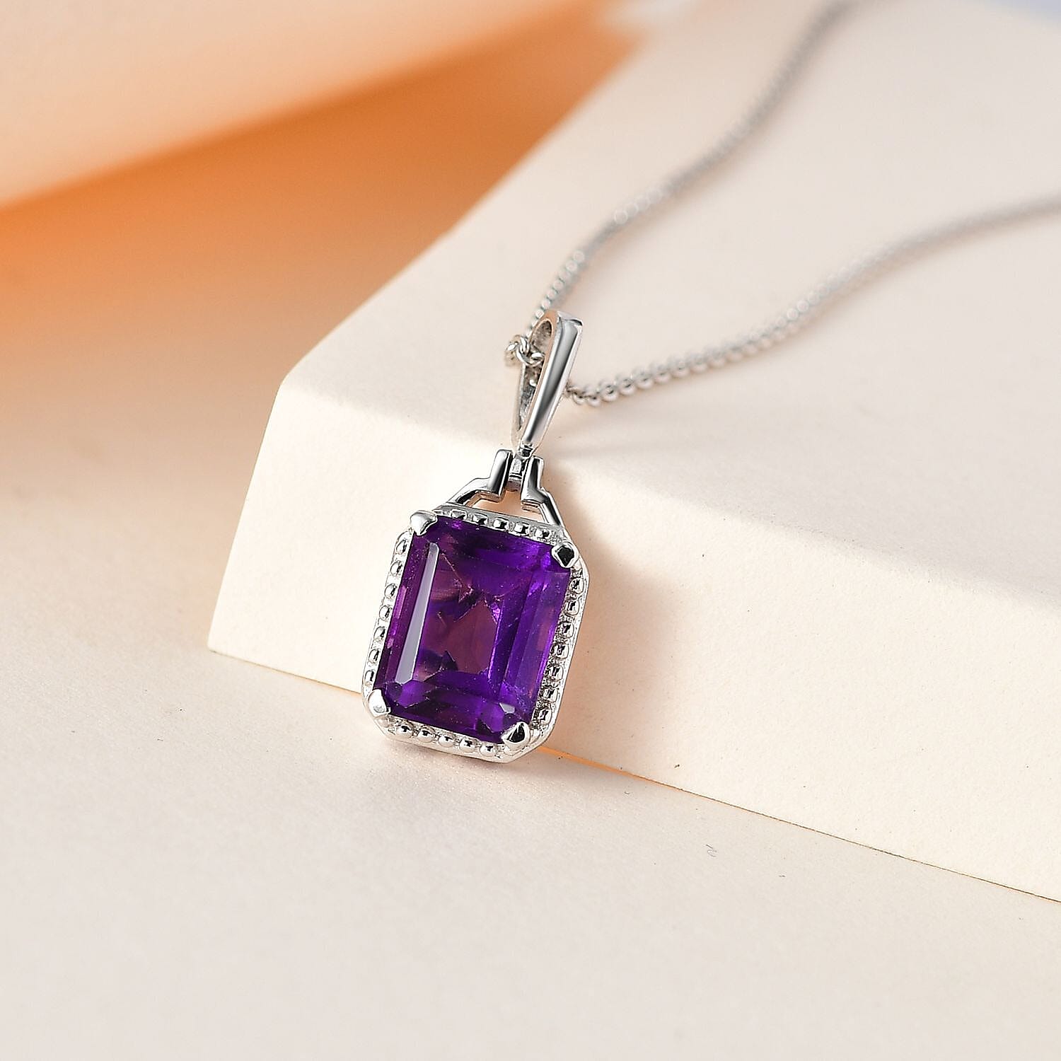 AAA Amethyst Solitaire Halo Pendant with Chain (Size 20) in Platinum Overlay Sterling Silver 2.35 Ct