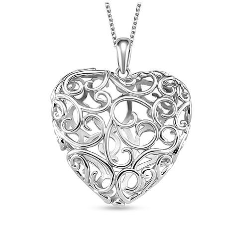 LUCY Q Amore Filigree Collection - Heart Pendant with Adjustable Chain (Size 28-24-20-16) in Rhodium Overlay Sterling Silver