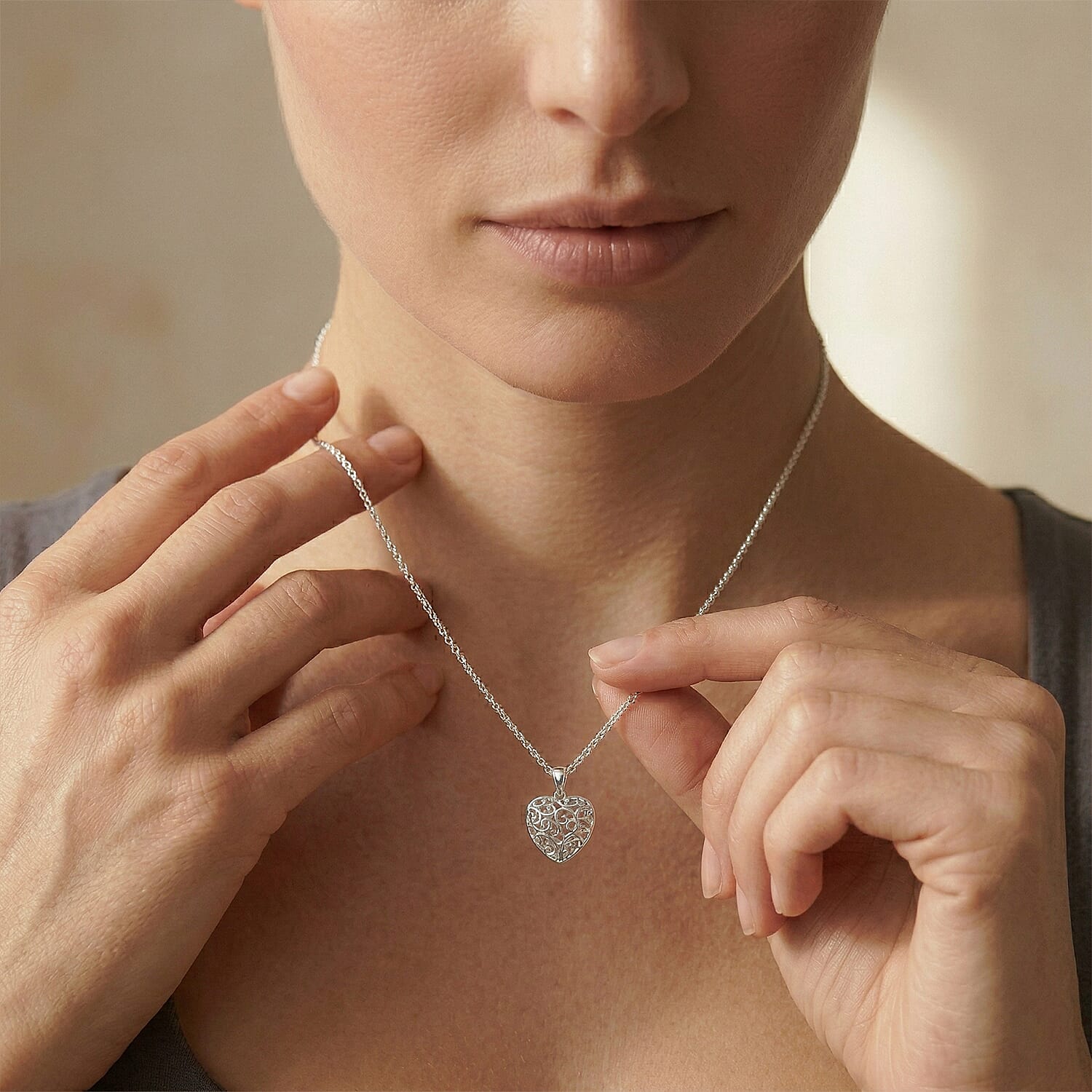 LUCY Q Amore Filigree Collection - Heart Pendant with Adjustable Chain (Size 28-24-20-16) in Rhodium Overlay Sterling Silver