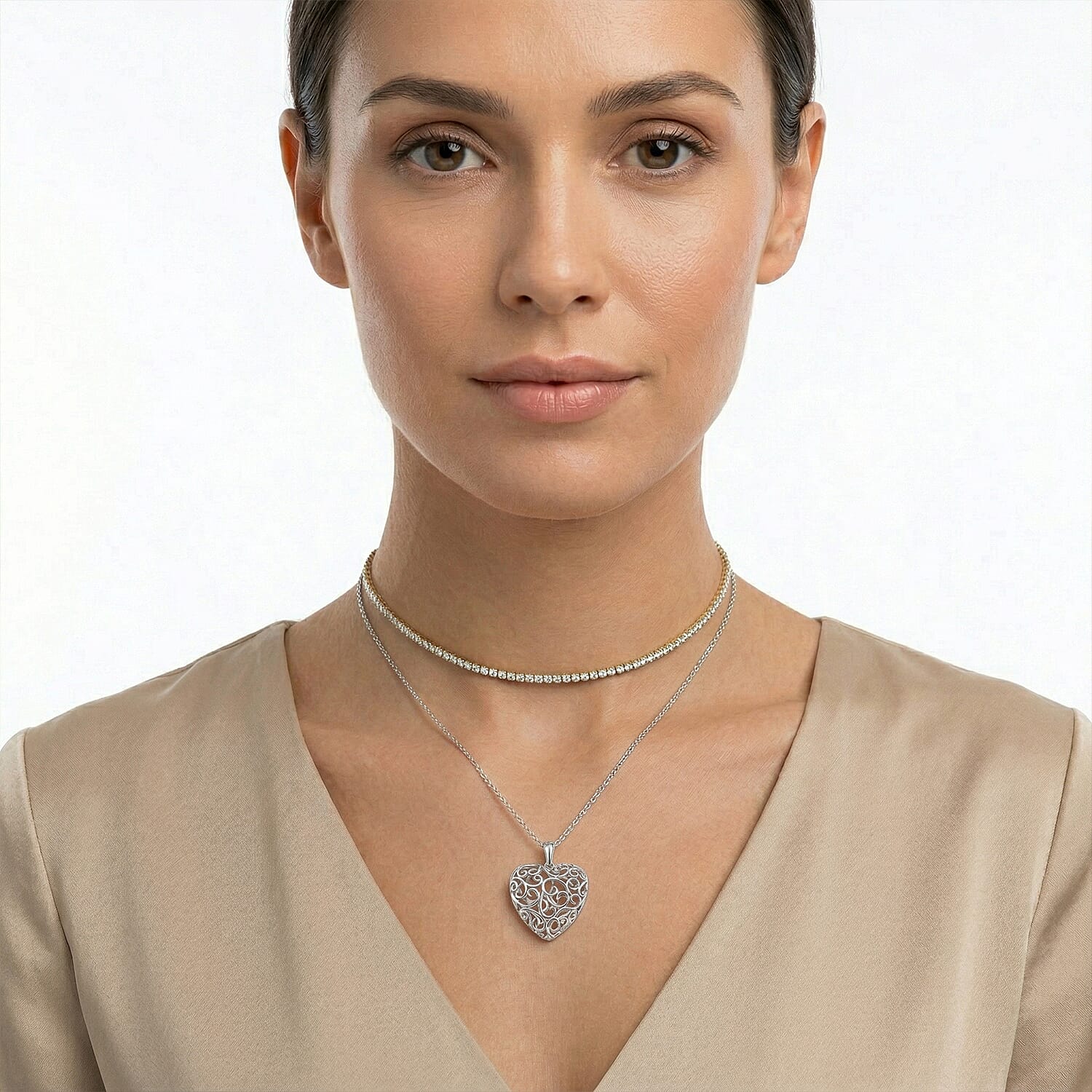 LUCY Q Amore Filigree Collection - Heart Pendant with Adjustable Chain (Size 28-24-20-16) in Rhodium Overlay Sterling Silver