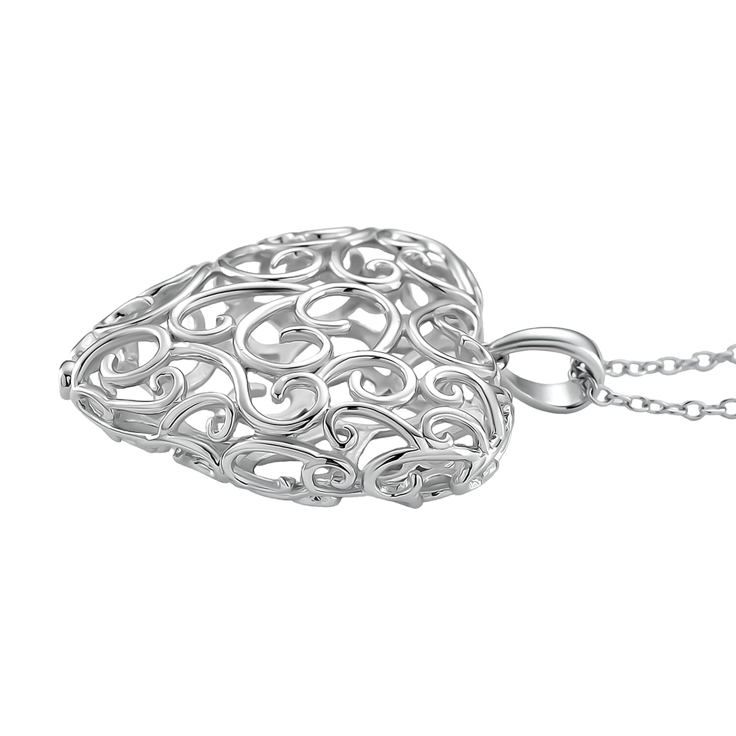 LUCY Q Amore Filigree Collection - Heart Pendant with Adjustable Chain (Size 28-24-20-16) in Rhodium Overlay Sterling Silver