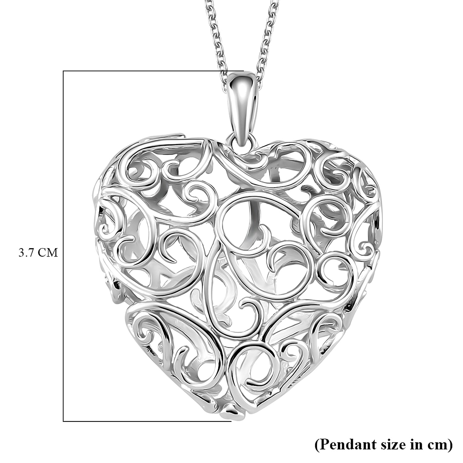LUCY Q Amore Filigree Collection - Heart Pendant with Adjustable Chain (Size 28-24-20-16) in Rhodium Overlay Sterling Silver