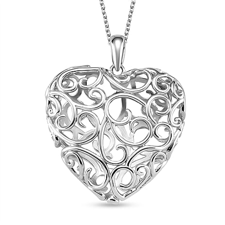 LUCY Q Amore Filigree Collection - Heart Pendant with Adjustable Chain (Size 28-24-20-16) in Rhodium Overlay Sterling Silver