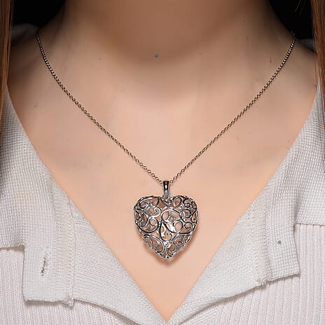LUCY Q Amore Filigree Collection - Heart Pendant with Adjustable Chain (Size 28-24-20-16) in Rhodium Overlay Sterling Silver