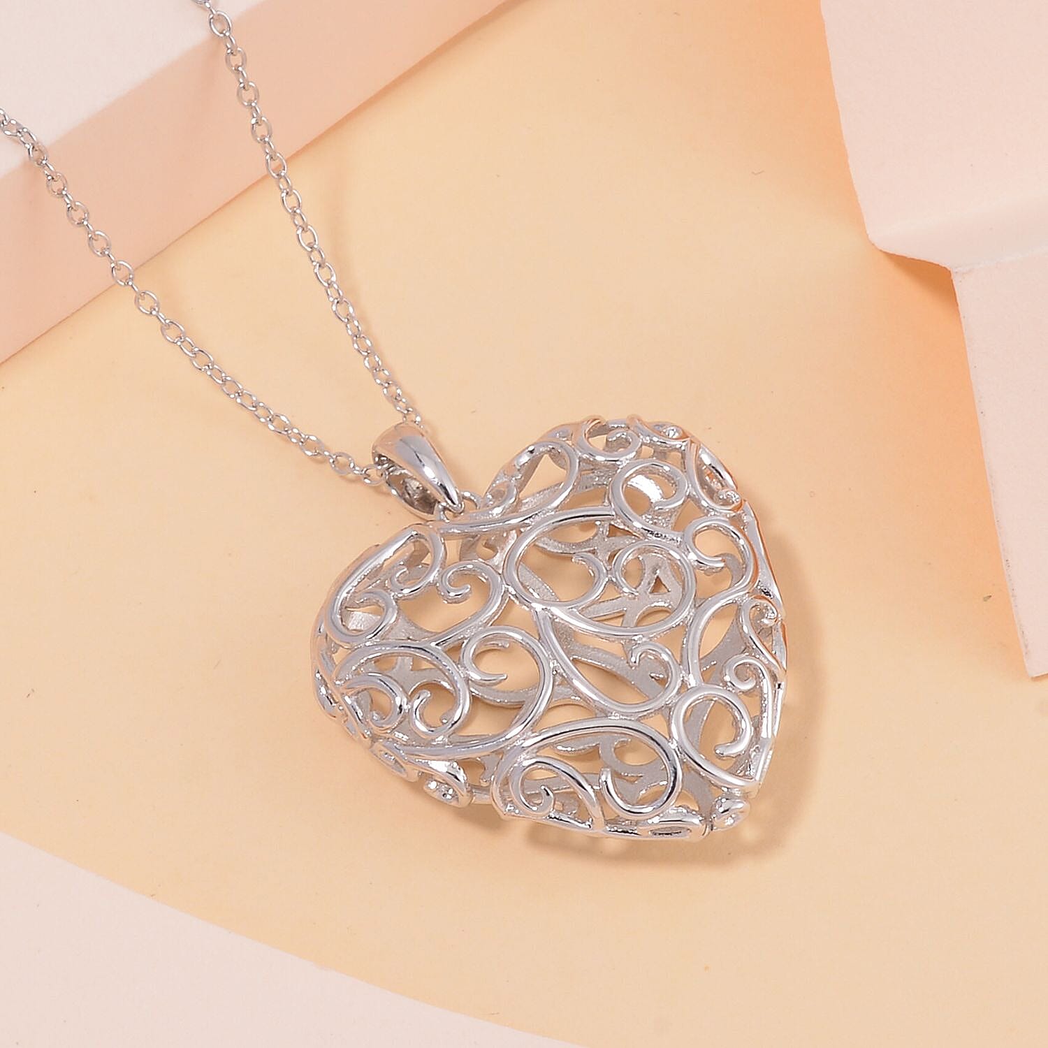 LUCY Q Amore Filigree Collection - Openable Pendant with Chain (Size 28) in Rhodium Overlay Sterling Silver, Silver Wt. 9.5 Gms. LUCY Q Amore Filigree Collection - Openable Pendant with Chain (Size 28) in Rhodium Overlay Sterling Silver, Silver Wt. 9.5 Gms.