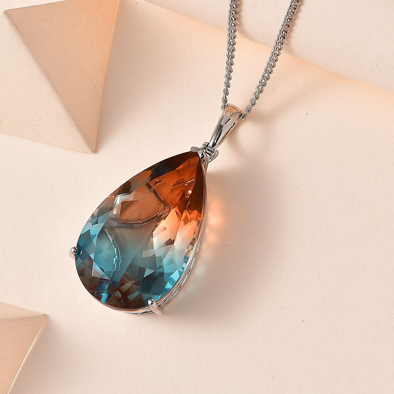 Aqua Terra Costa Quartz Pendant with Chain (Size 20) in Platinum Overlay Sterling Silver 52.75 Ct, Silver Wt 11.50 GM