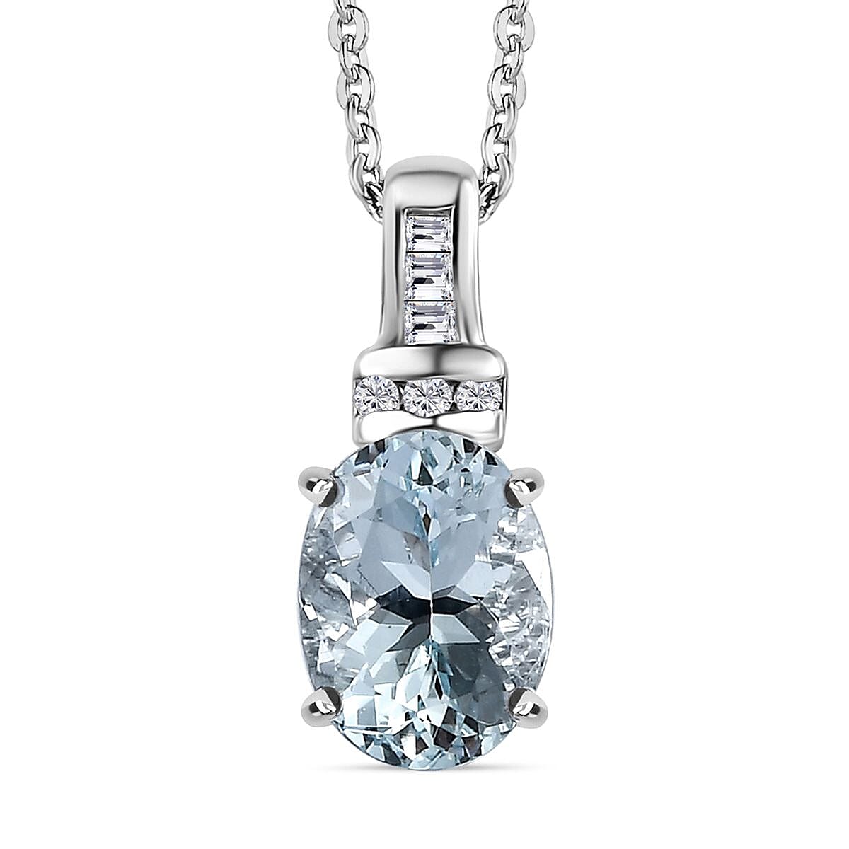 Santamaria Aquamarine,  White Diamond Pendant with Chain (Size 20) in Platinum Overlay Sterling Silver 0.06 ct  1.210  Ct.