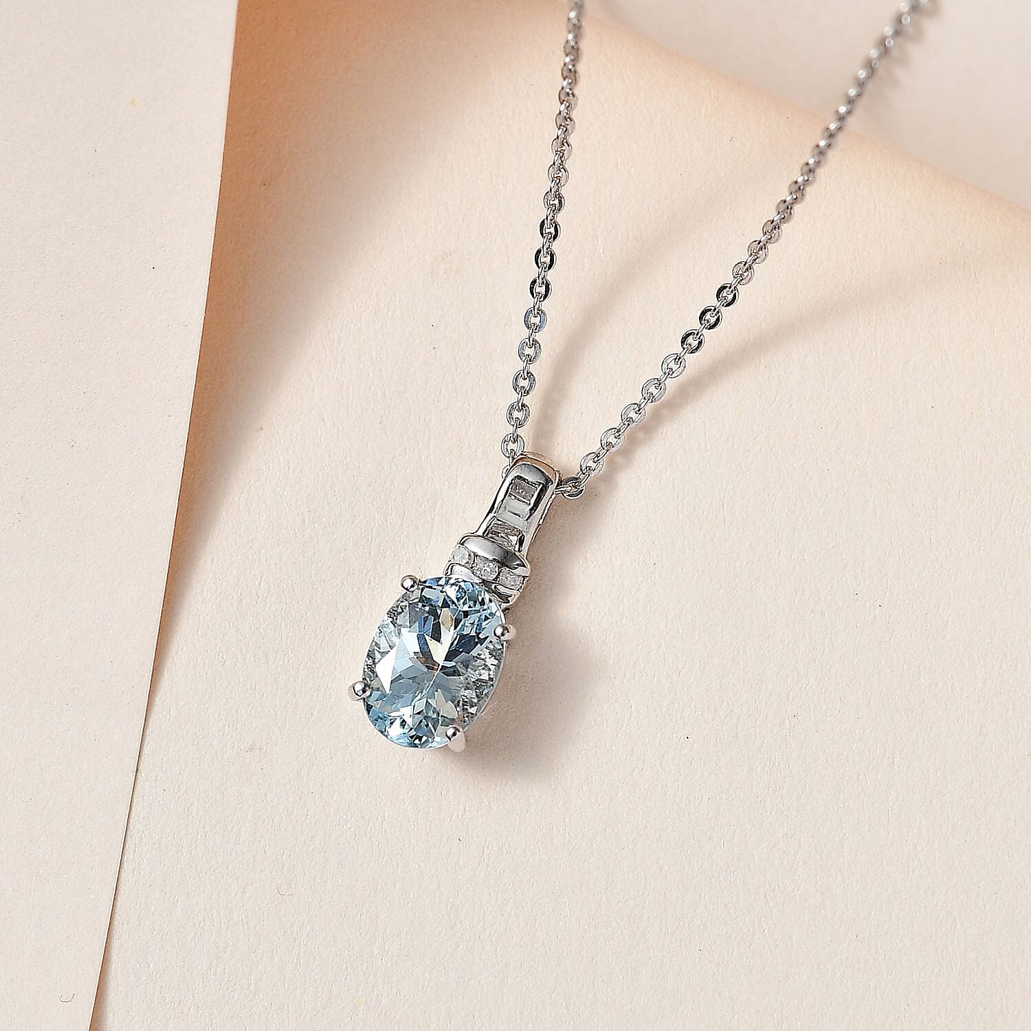 Santamaria Aquamarine,  White Diamond Pendant with Chain (Size 20) in Platinum Overlay Sterling Silver 0.06 ct  1.210  Ct.
