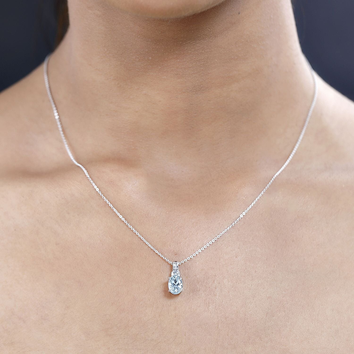 Santamaria Aquamarine,  White Diamond Pendant with Chain (Size 20) in Platinum Overlay Sterling Silver 0.06 ct  1.210  Ct.