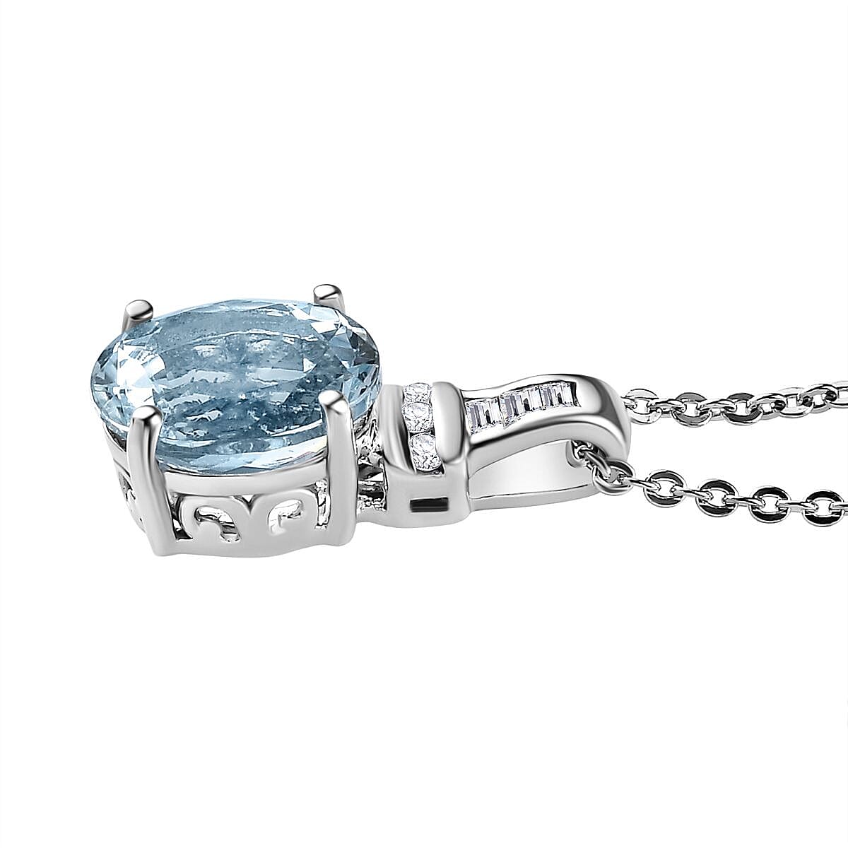 Santamaria Aquamarine,  White Diamond Pendant with Chain (Size 20) in Platinum Overlay Sterling Silver 0.06 ct  1.210  Ct.