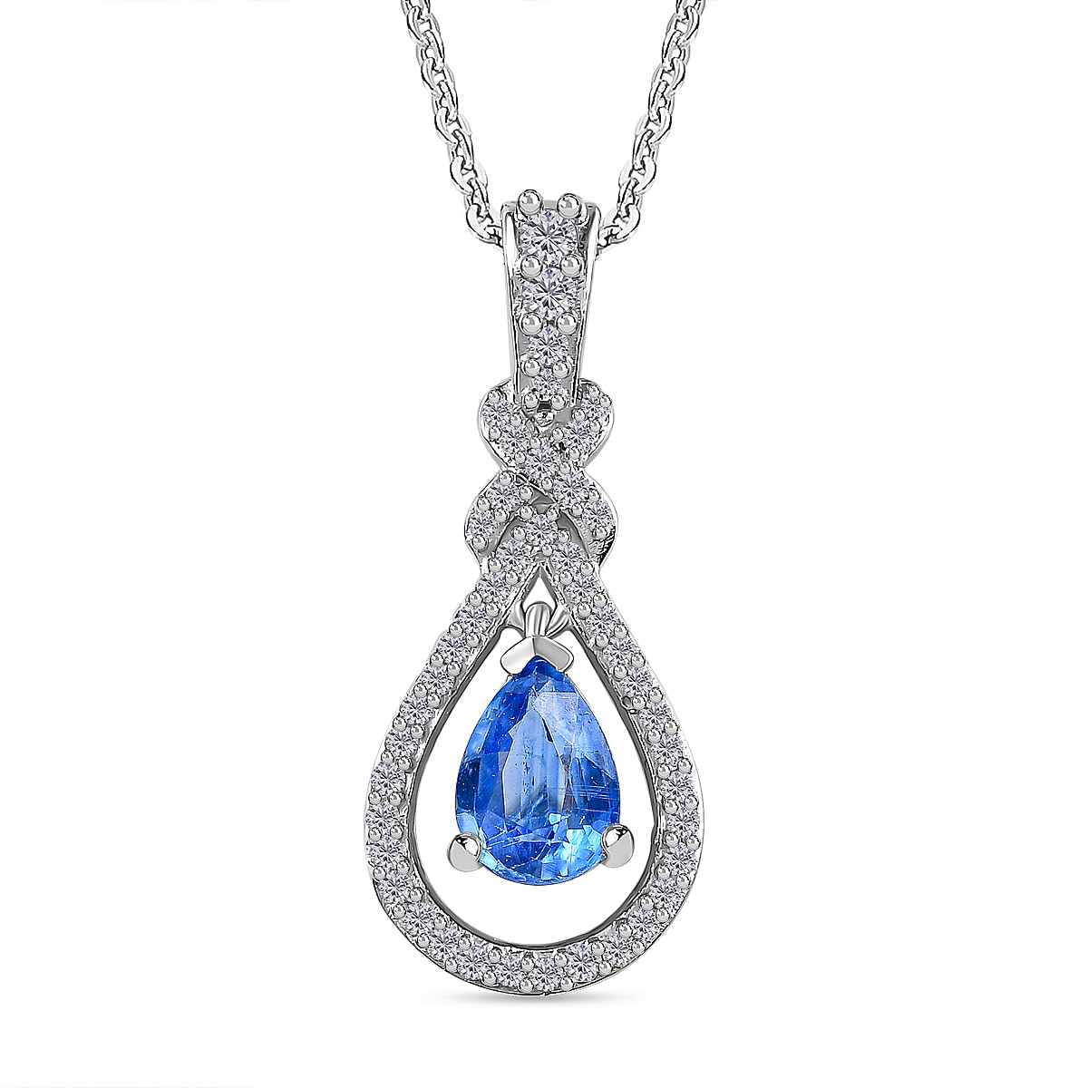Natural Himalayan Kyanite & White Zircon Pendant with Chain (Size 20) in Platinum Overlay Sterling Silver 1.32 Ct.