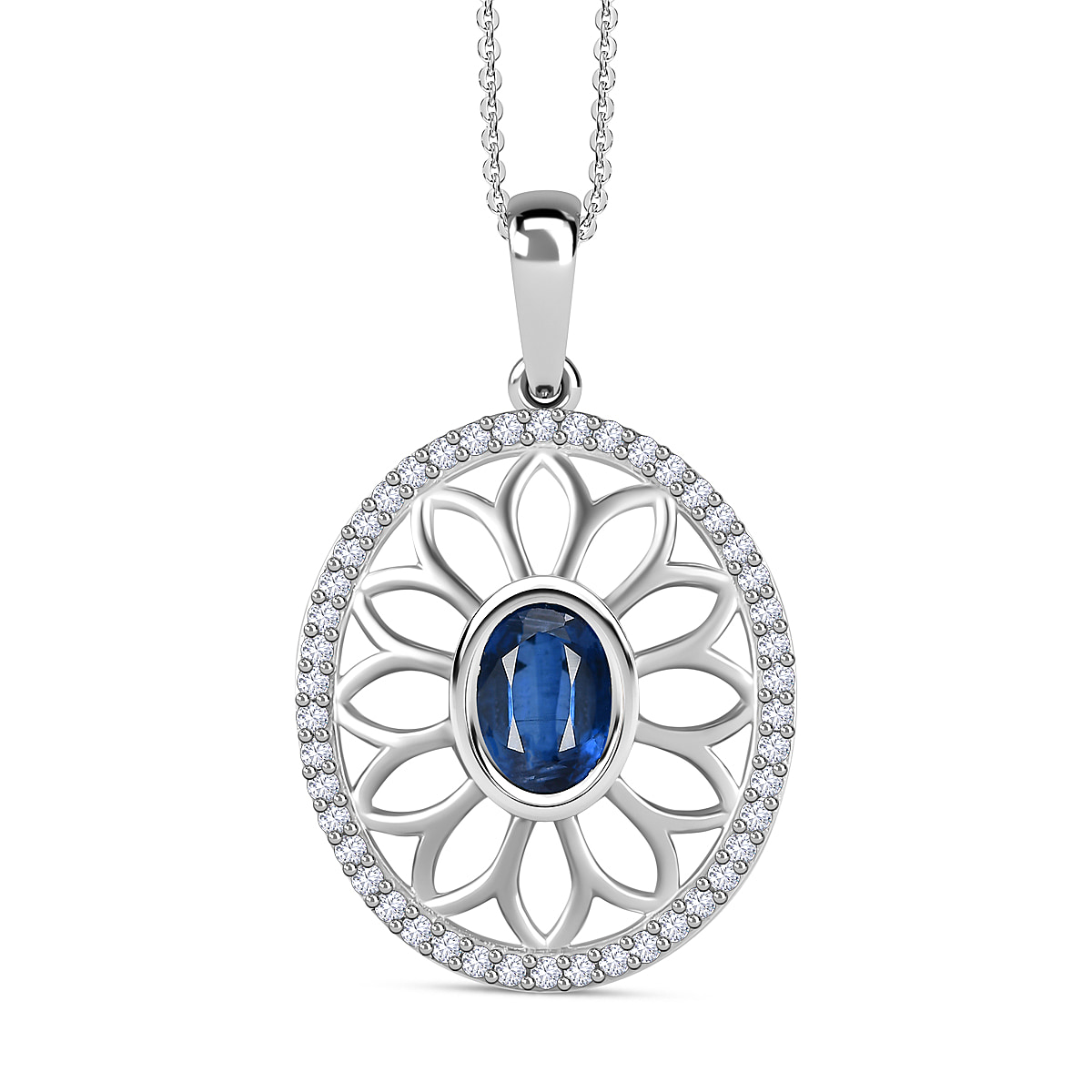 Natural Himalayan Kyanite & White Zircon Pendant with Chain (Size 20) in Platinum Overlay Sterling Silver 1.55 Ct.