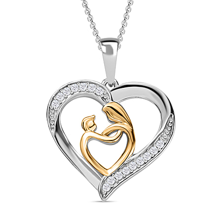Moissanite Mother and Child Heart Pendant with Chain (Size 20) in Platinum and 18K Vermeil Yellow Gold Sterling Silver