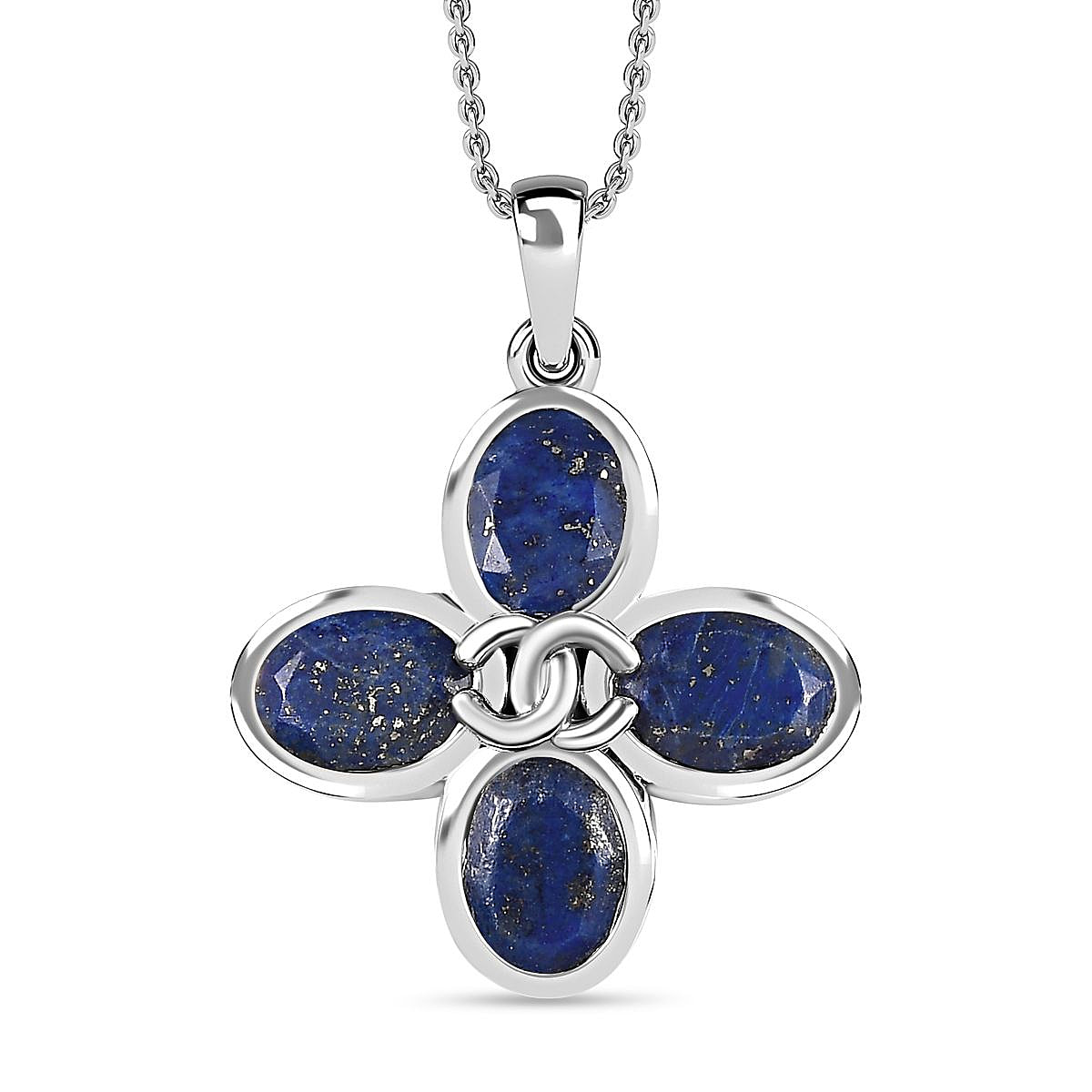 Lapis Lazuli Floral Pendant with Chain (Size 20) in Platinum Overlay Sterling Silver 5.20 Ct, Silver Wt. 6.4 Gms