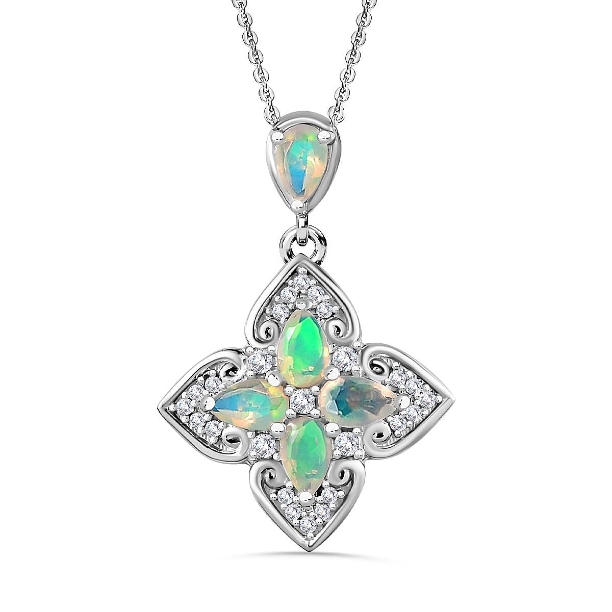Ethiopian Welo Opal & Natural Zircon Pendant with Chain (Size 20) in Platinum Overlay Sterling Silver 1.00 Ct.