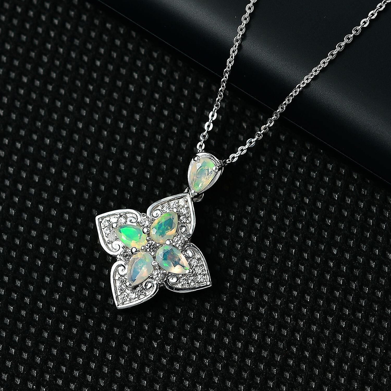 Ethiopian Welo Opal & Natural Zircon Pendant with Chain (Size 20) in Platinum Overlay Sterling Silver 1.00 Ct.
