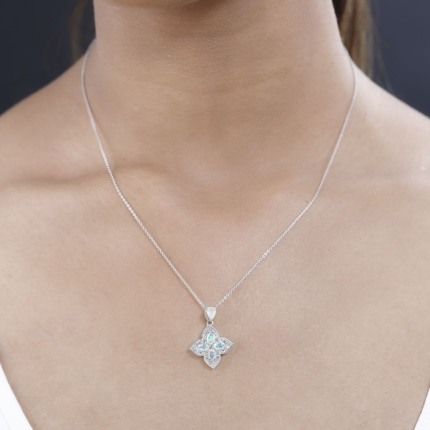 Ethiopian Welo Opal & Natural Zircon Pendant with Chain (Size 20) in Platinum Overlay Sterling Silver 1.00 Ct.