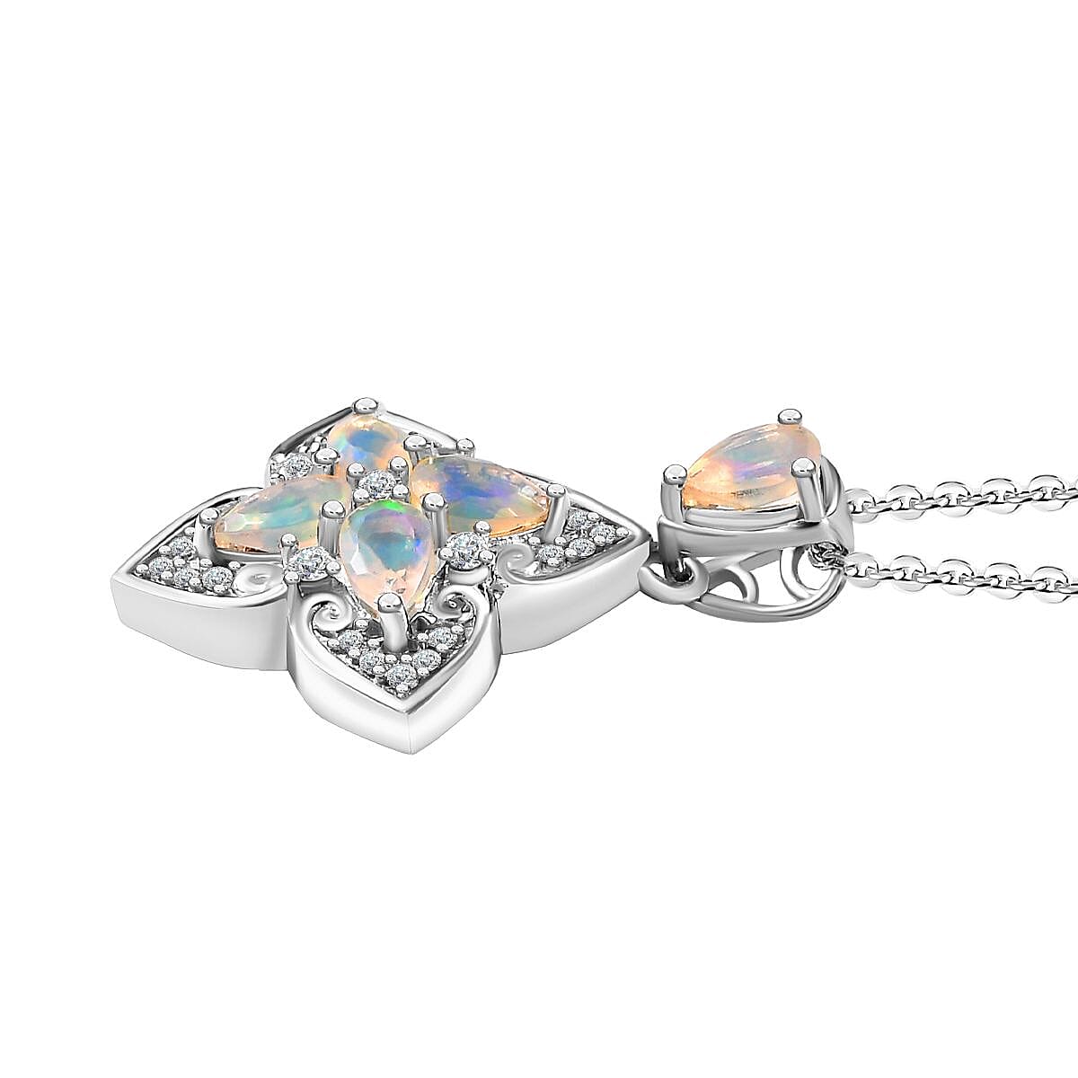Ethiopian Welo Opal & Natural Zircon Pendant with Chain (Size 20) in Platinum Overlay Sterling Silver 1.00 Ct.