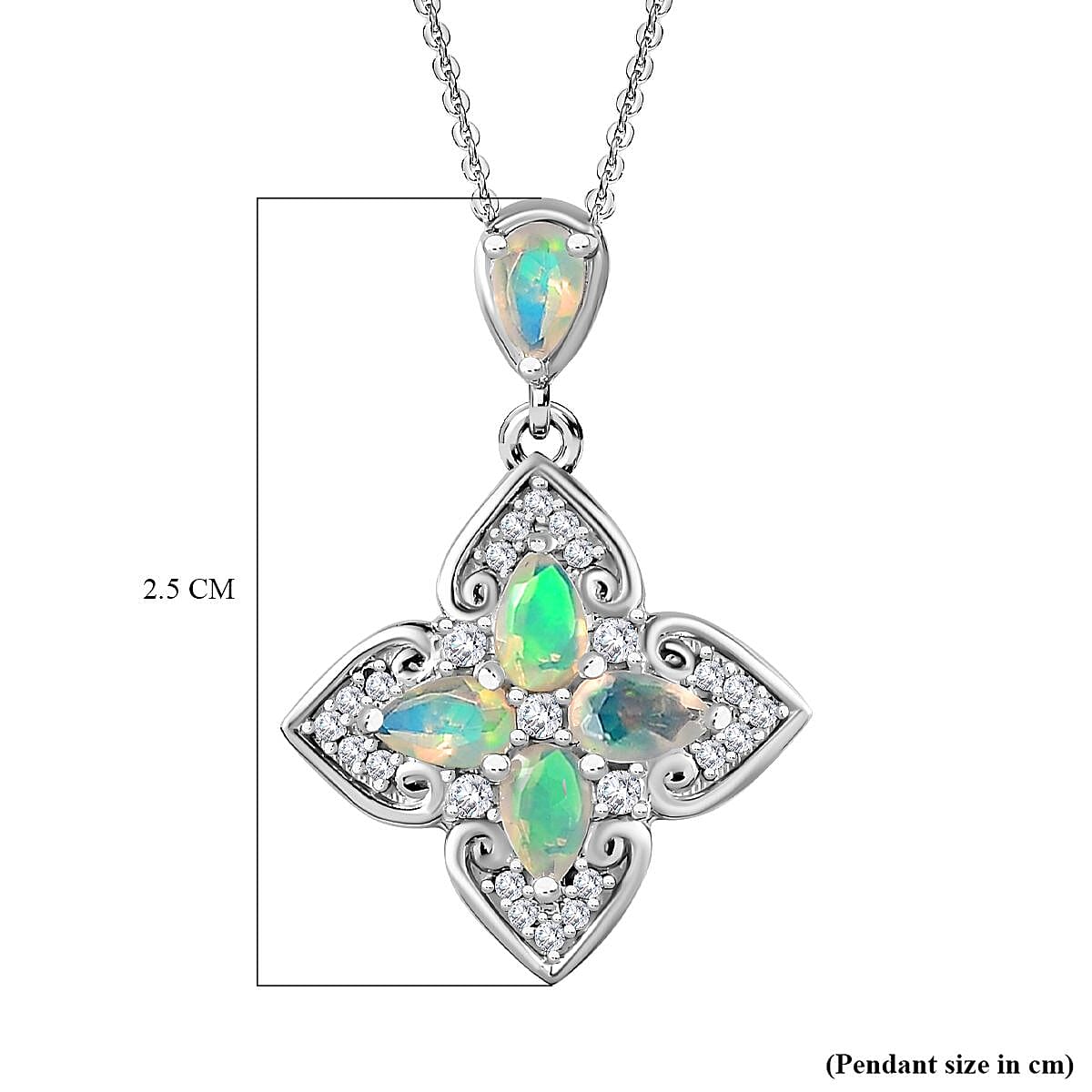 Ethiopian Welo Opal & Natural Zircon Pendant with Chain (Size 20) in Platinum Overlay Sterling Silver 1.00 Ct.