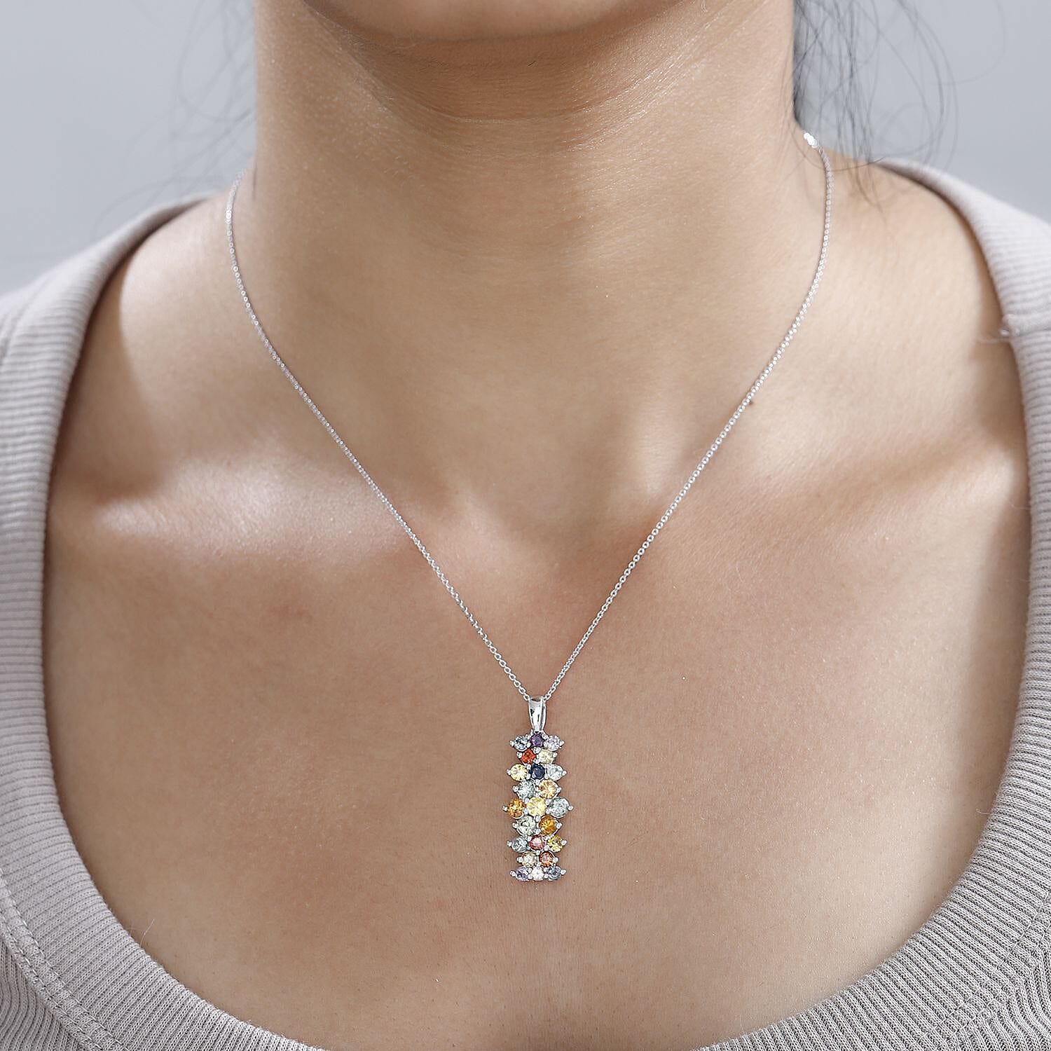 Rainbow Sapphire Pendant with Chain (Size 20) in Platinum Overlay Sterling Silver 3.00 Ct.