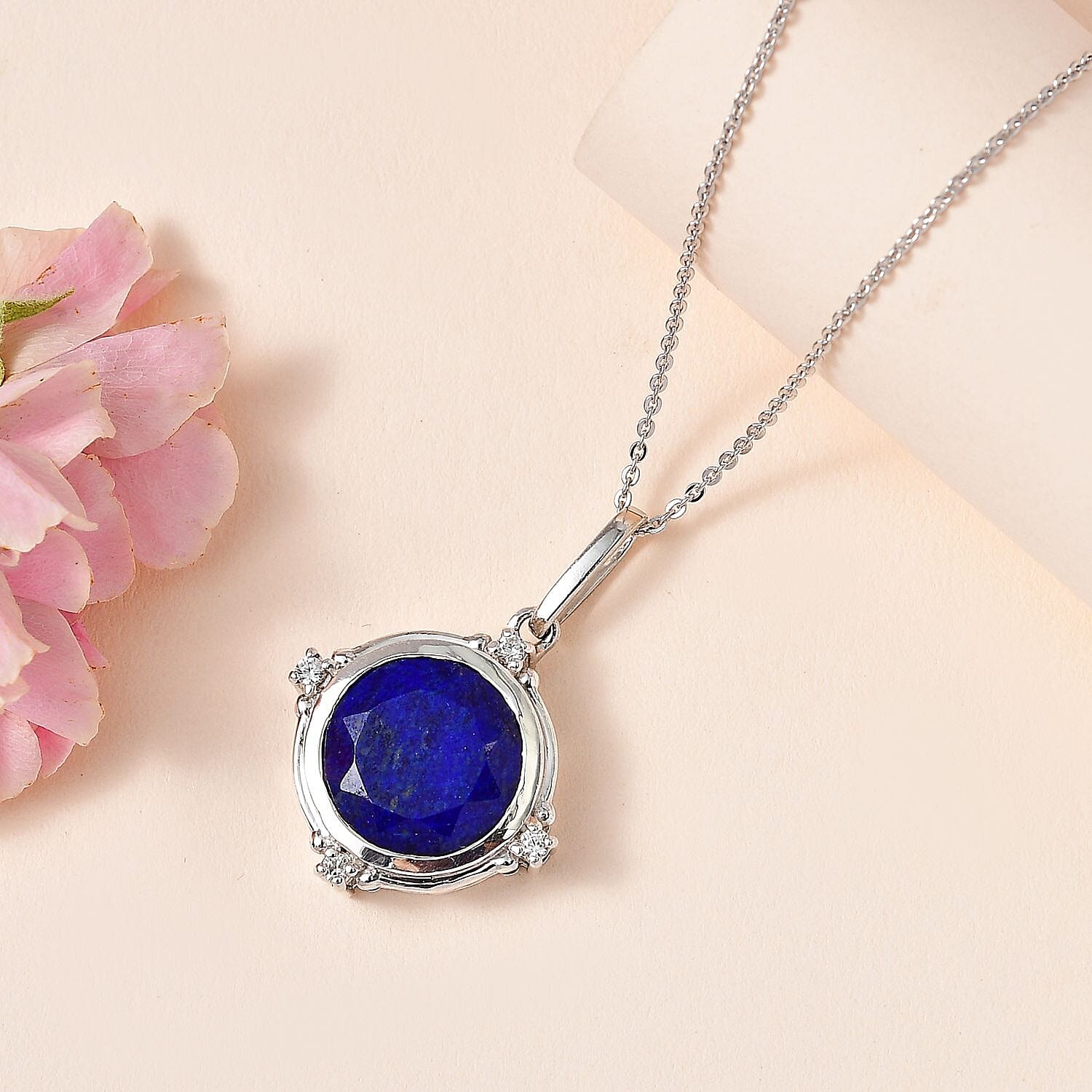 Lapis Lazuli & Natural Zircon Pendant with Chain (Size 20) in Platinum Overlay Silver 6.95 Ct, Silver Wt. 6.40 Gms