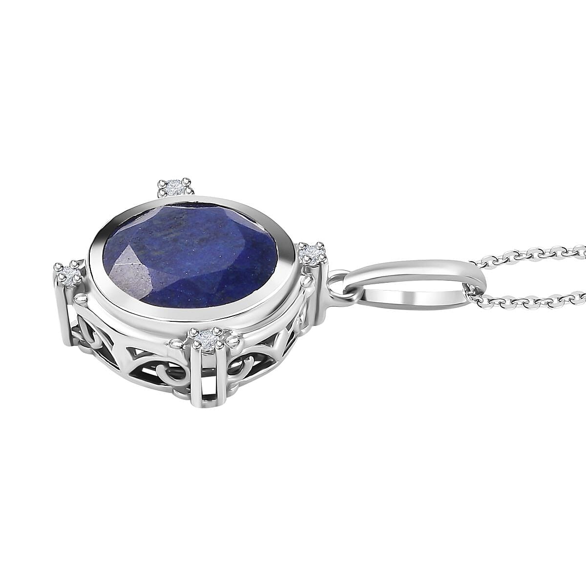 Lapis Lazuli & Natural Zircon Pendant with Chain (Size 20) in Platinum Overlay Silver 6.95 Ct, Silver Wt. 6.40 Gms