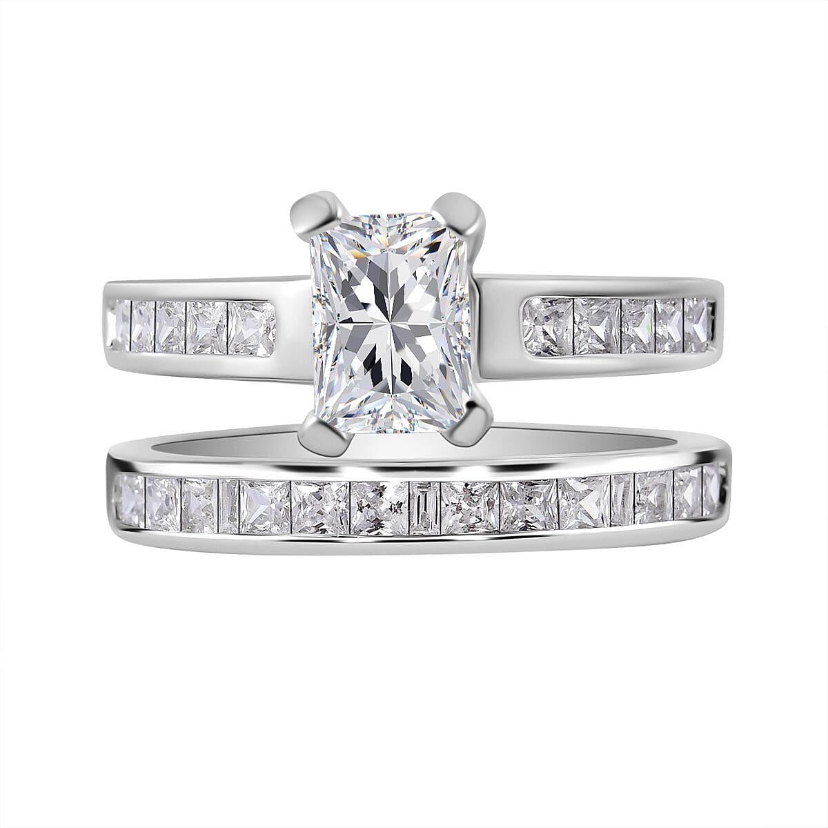 Set of 2 -  White Cubic Zirconia Ring in Rhodium Overlay Sterling Silver 0.98 ct  Silver Wt. 5.63 Gms  3.610  Ct.
