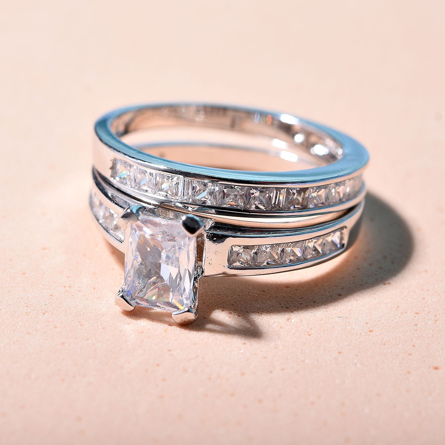 Set of 2 -  White Cubic Zirconia Ring in Rhodium Overlay Sterling Silver 0.98 ct  Silver Wt. 5.63 Gms  3.610  Ct.