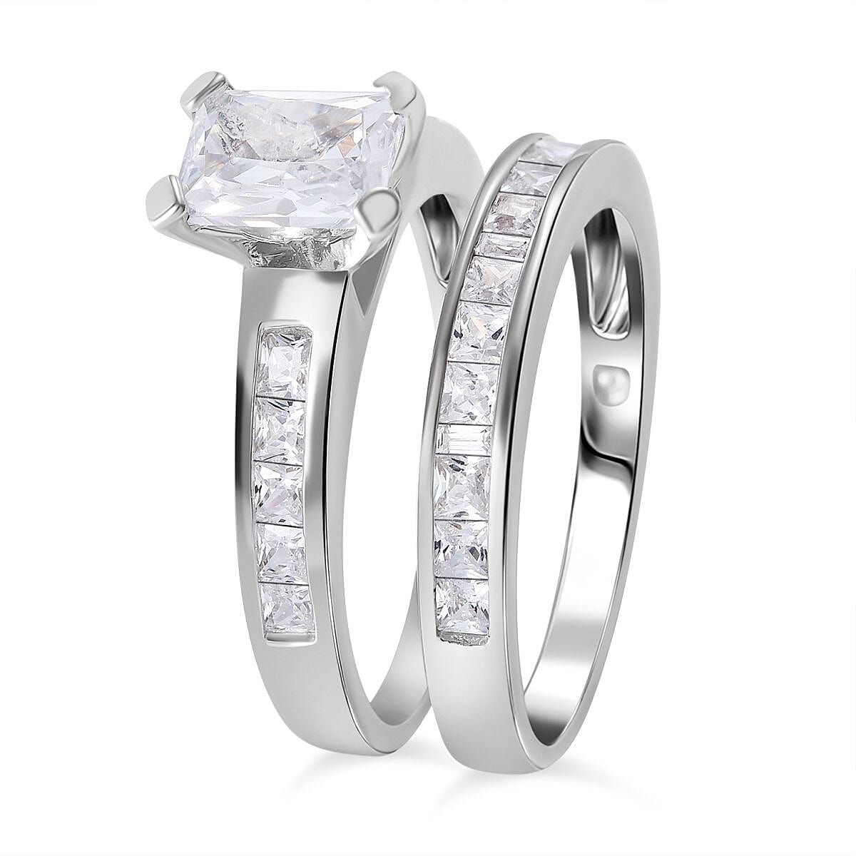 Set of 2 -  White Cubic Zirconia Ring in Rhodium Overlay Sterling Silver 0.98 ct  Silver Wt. 5.63 Gms  3.610  Ct.