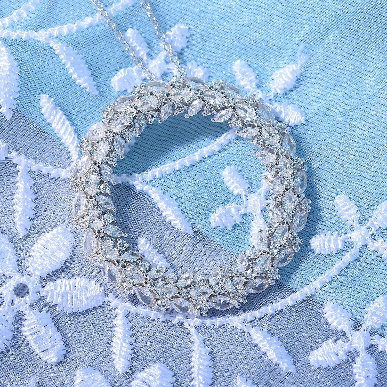 Lustro Stella - Cubic Zirconia Circle Pendant with Chain (Size 20) in Rhodium Overlay Sterling Silver, Silver Wt 8.50 GM