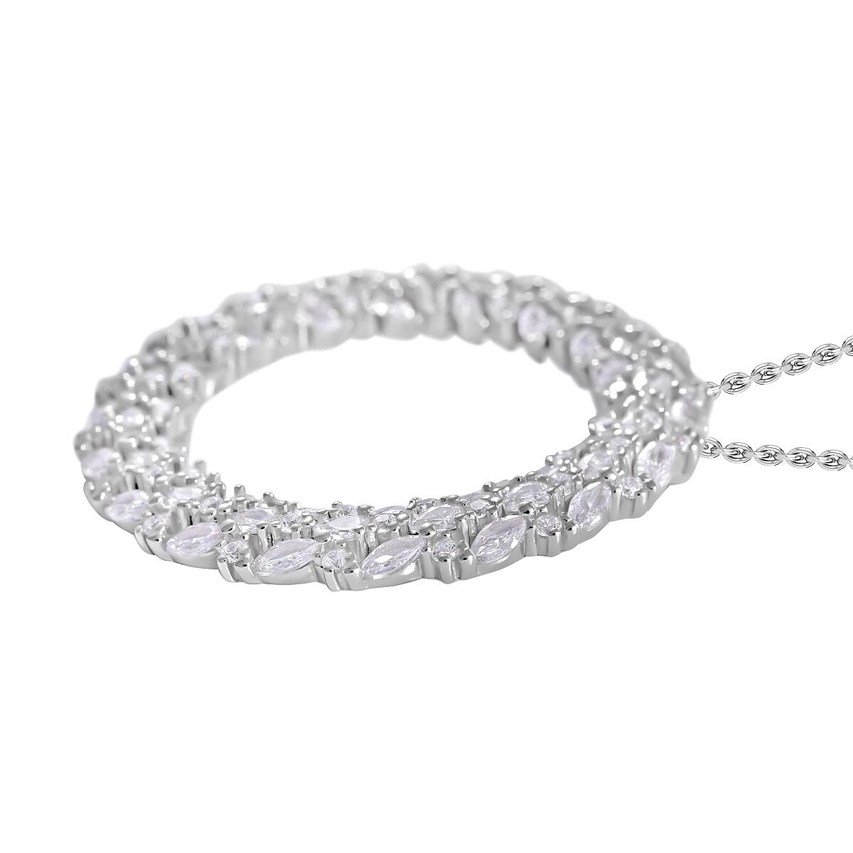 Lustro Stella - Cubic Zirconia Circle Pendant with Chain (Size 20) in Rhodium Overlay Sterling Silver, Silver Wt 8.50 GM