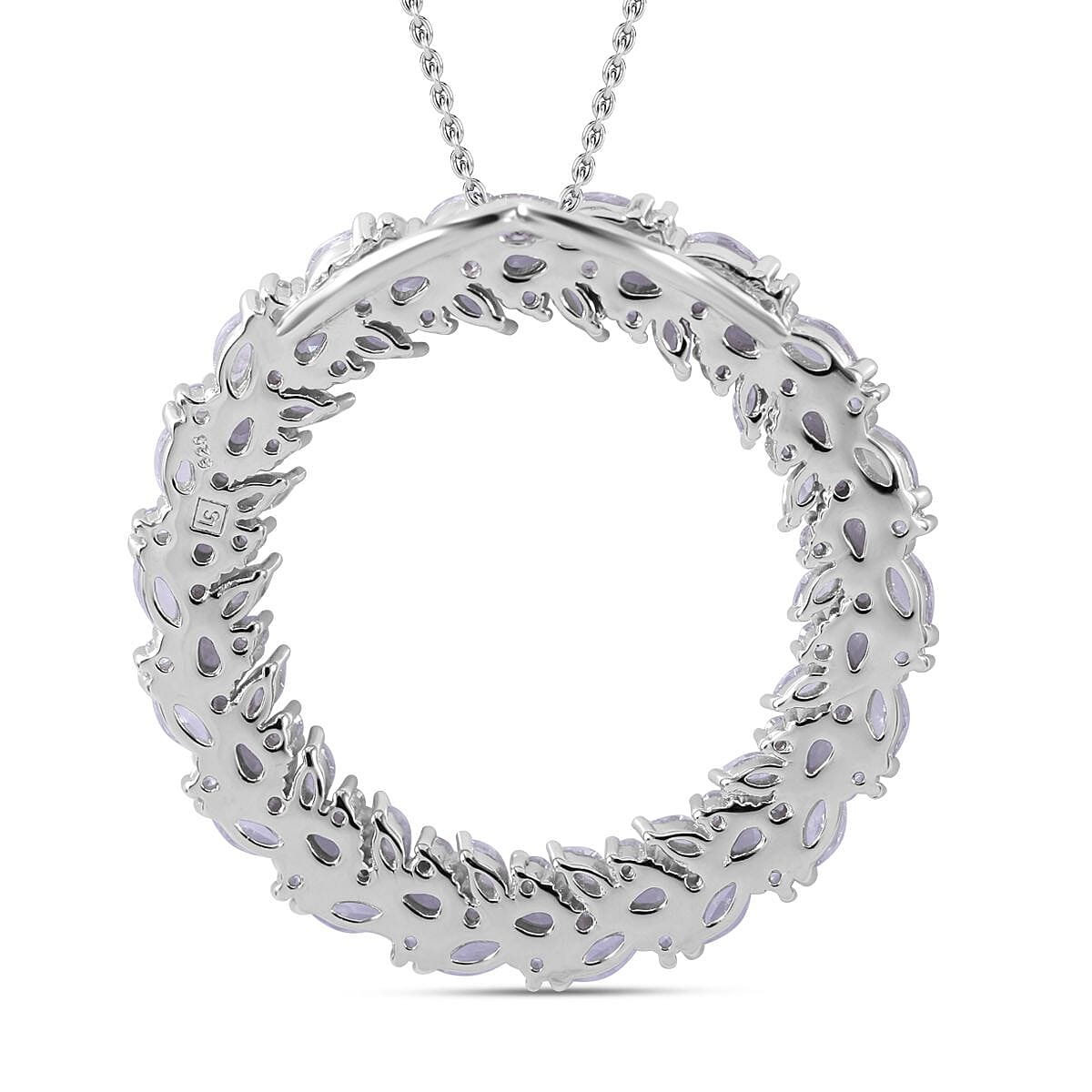 Lustro Stella - Cubic Zirconia Circle Pendant with Chain (Size 20) in Rhodium Overlay Sterling Silver, Silver Wt 8.50 GM