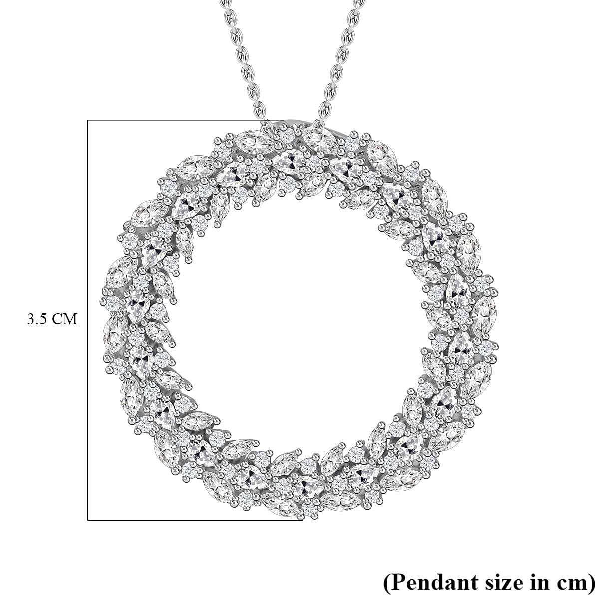 Lustro Stella - Cubic Zirconia Circle Pendant with Chain (Size 20) in Rhodium Overlay Sterling Silver, Silver Wt 8.50 GM
