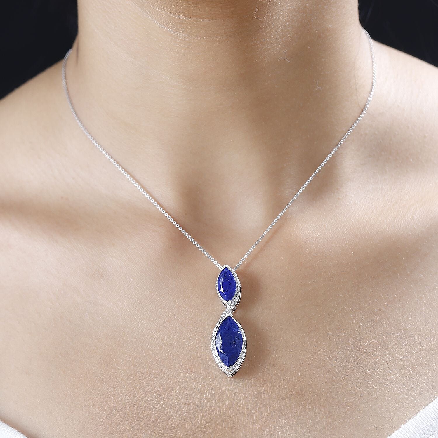 Lapis Lazuli Dangle Pendant with Chain (Size 20) in Platinum Overlay Sterling Silver 8.75 Ct, Silver Wt. 8.32 Gms