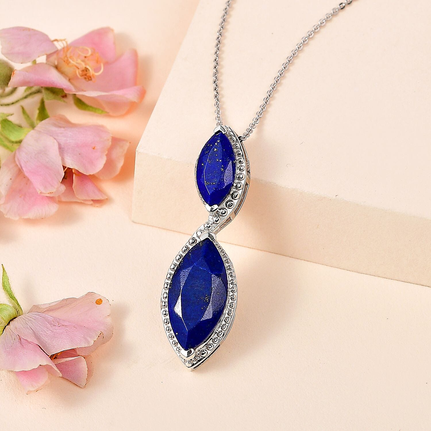 Lapis Lazuli Dangle Pendant with Chain (Size 20) in Platinum Overlay Sterling Silver 8.75 Ct, Silver Wt. 8.32 Gms