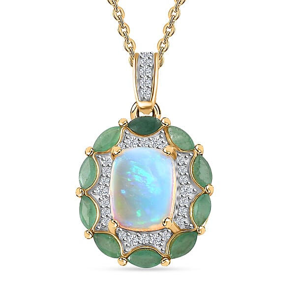 Gem Treasures 10x8mm Ethiopian Opal & White Zircon Pendant w/ Chain