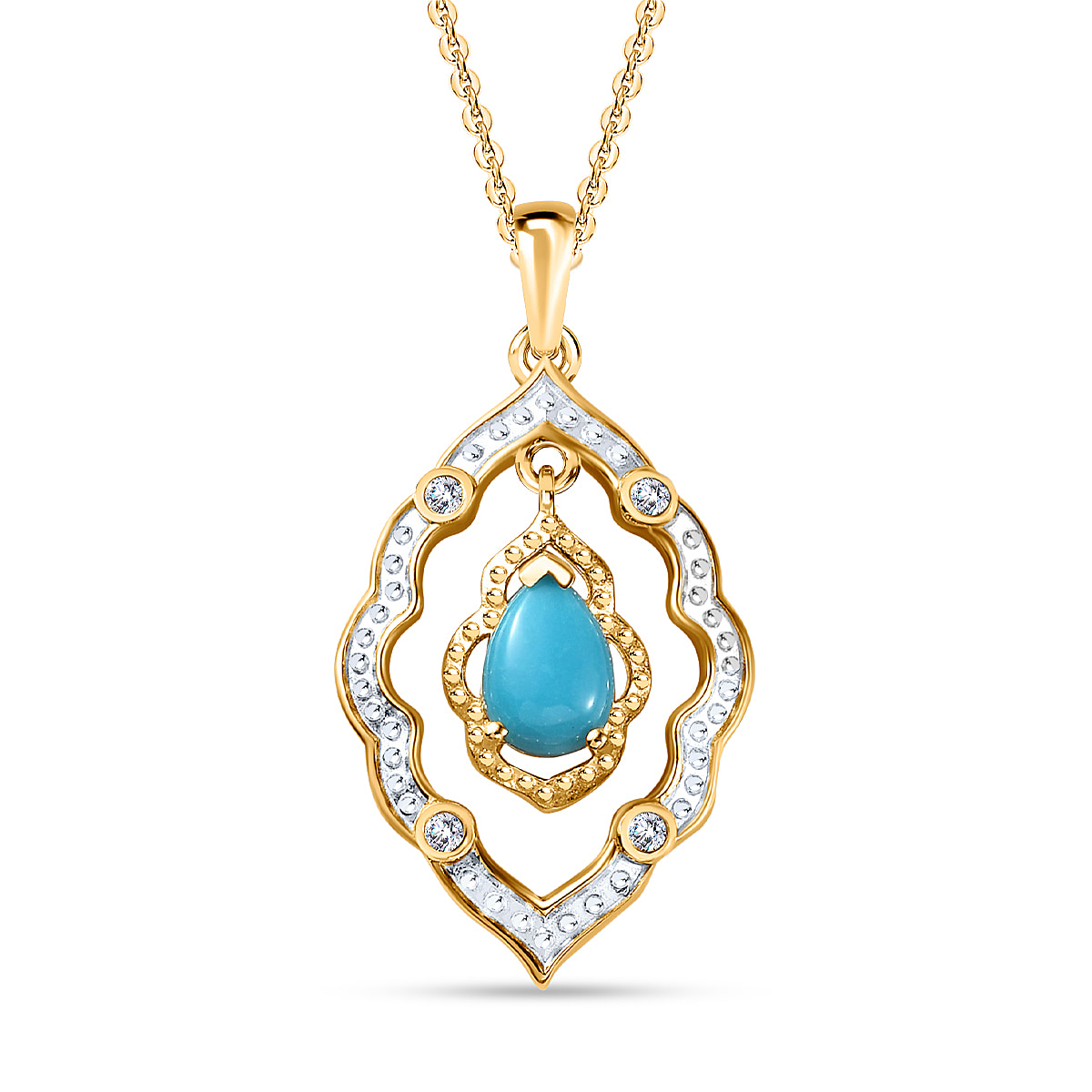Arizona Sleeping Beauty Turquoise & Natural Zircon Pendant with Chain (Size 20) in 18K Vermeil YG Plated Sterling Silver, Silver Wt. 5.19 Gms
