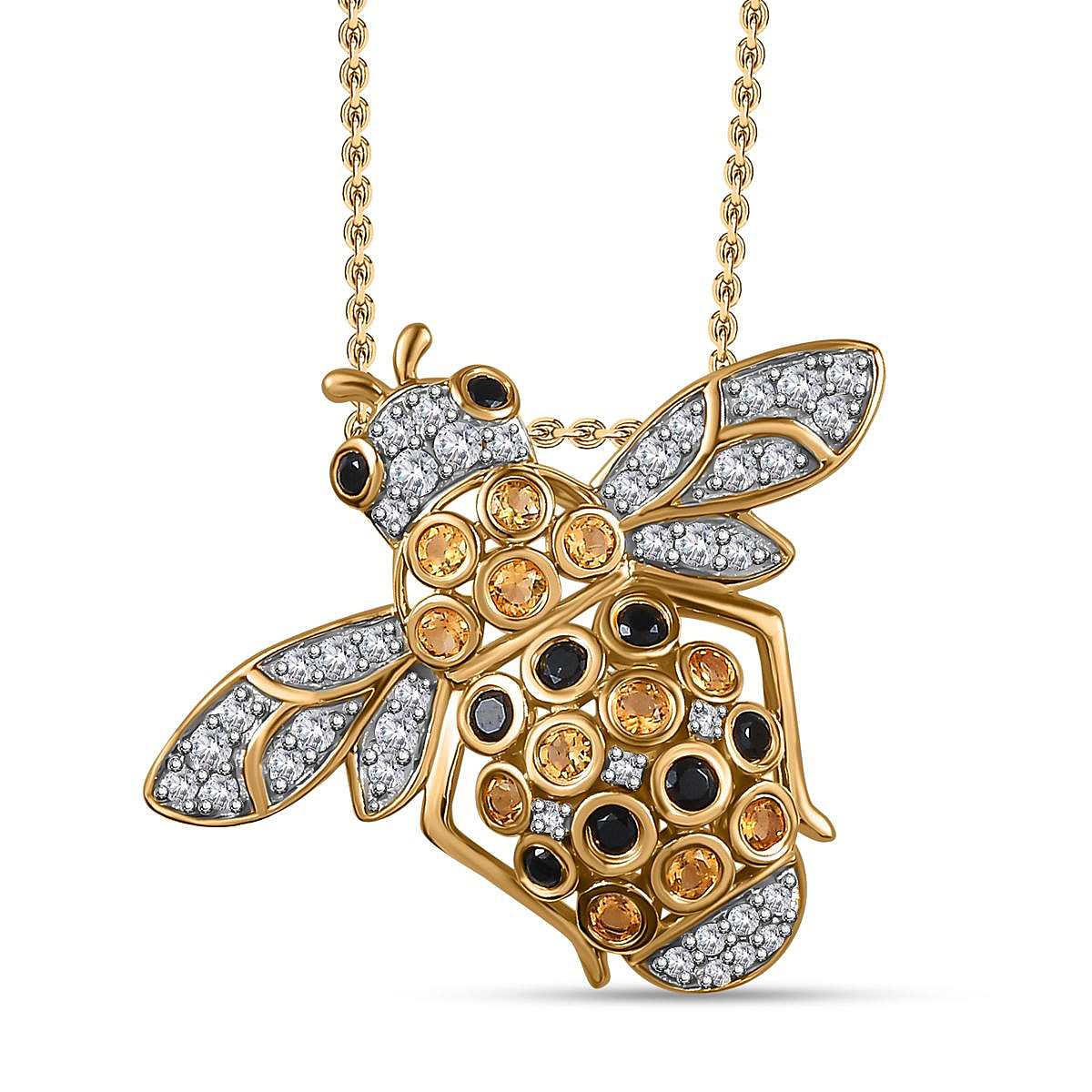 GP Honeycomb Collection - Citrine, Black Spinel & Zircon Pendant with Chain (Size 20) in 18K Gold Vermeil Sterling Silver 1.26 Ct.