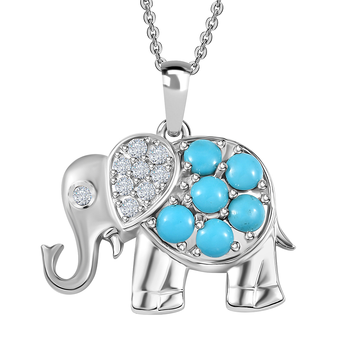 Arizona Sleeping Beauty Turquoise & Natural Zircon Elephant Pendant with Chain (Size 20) in Platinum Overlay Sterling Silver 1.76 Ct, Silver Wt. 7.4 Gms
