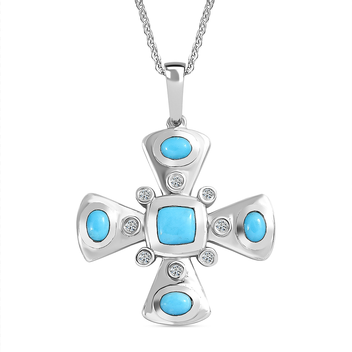 Arizona Sleeping Beauty Turquoise & Natural Zircon Cross Pendant with Chain (Size 20) in Platinum Overlay Sterling Silver 1.50 Ct, Silver Wt. 6.87 Gms