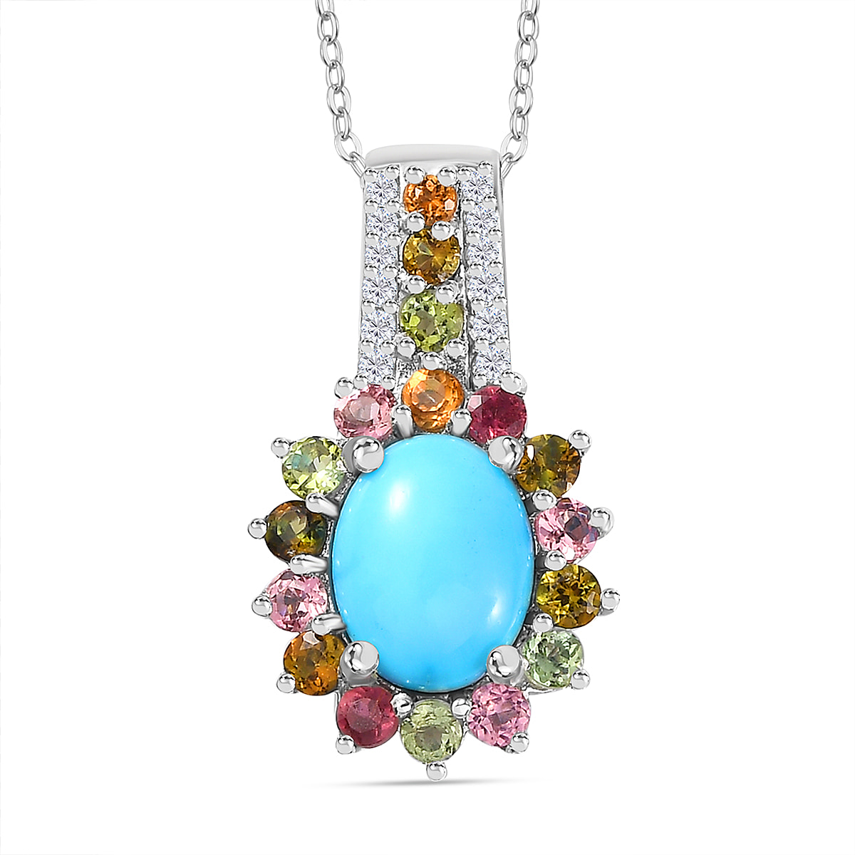 Arozina Sleeping Beauty Turquoise and Multi-Tourmaline Pendant with Chain (Size 20) in Platinum Overlay Sterling Silver 2.85  Ct.
