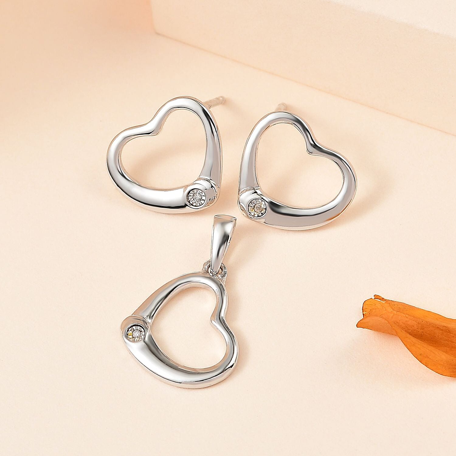  2 Piece Set - Diamond Heart Earrings and Pendant