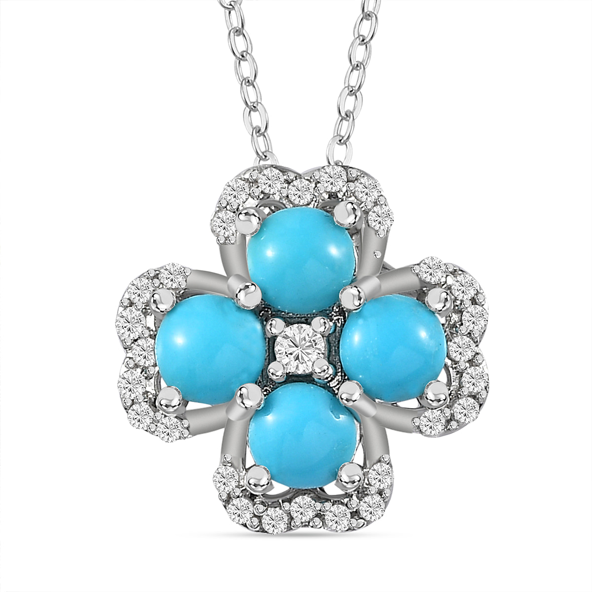 Arizona Sleeping Beauty Turquoise & Natural Zircon Floral Pendant with Chain (Size 20) in Platinum Overlay Sterling Silver 1.53 Ct