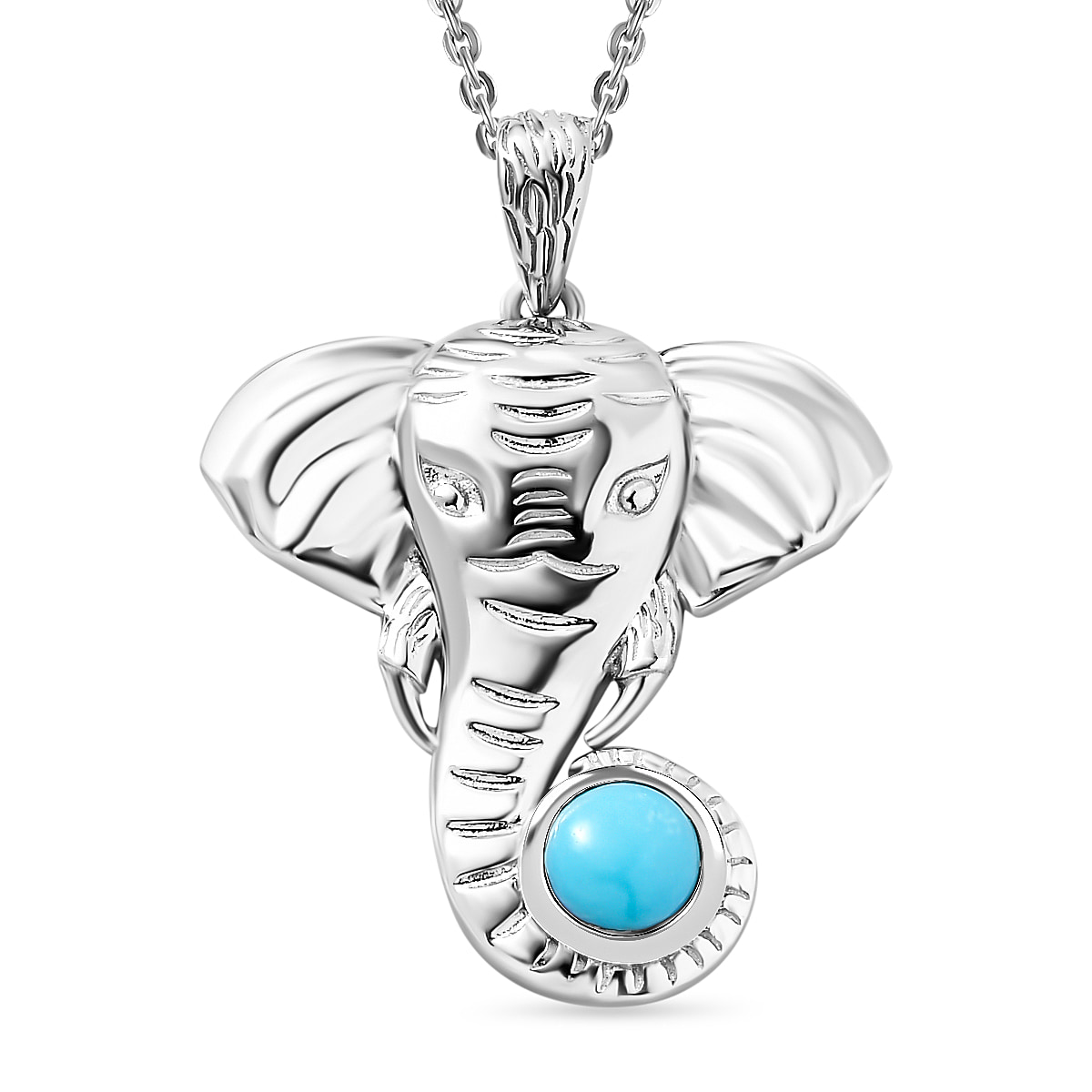 Arizona Sleeping Beauty Turquoise Elephant Head & Trunk Pendant with Chain (Size 20) in Platinum Overlay Sterling Silver 1.60 Ct, Silver Wt. 8.4 Gms