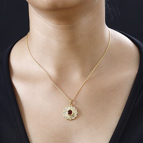 Salamanca Fire Opal & Natural Zircon Pendant with Chain (Size 20) in 18K Gold Plated Sterling Silver 1.20 Ct.