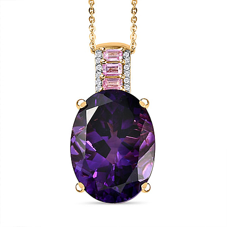 Large Size - Premium Natural Morrocan Amethyst (OV 18X13mm, 12.00 Cts) with Pink Sapphire and Moissanite Pendant in 18K Vermeil Yellow Gold Plated  Sterling Silver