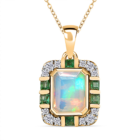 Ethiopian Welo Opal, Emerald & Moissanite Pendant with Chain (Size 20) in 18K Yellow Gold Vermeil Plated Sterling Silver 2.10 Ct, Silver Wt 5.00 GM