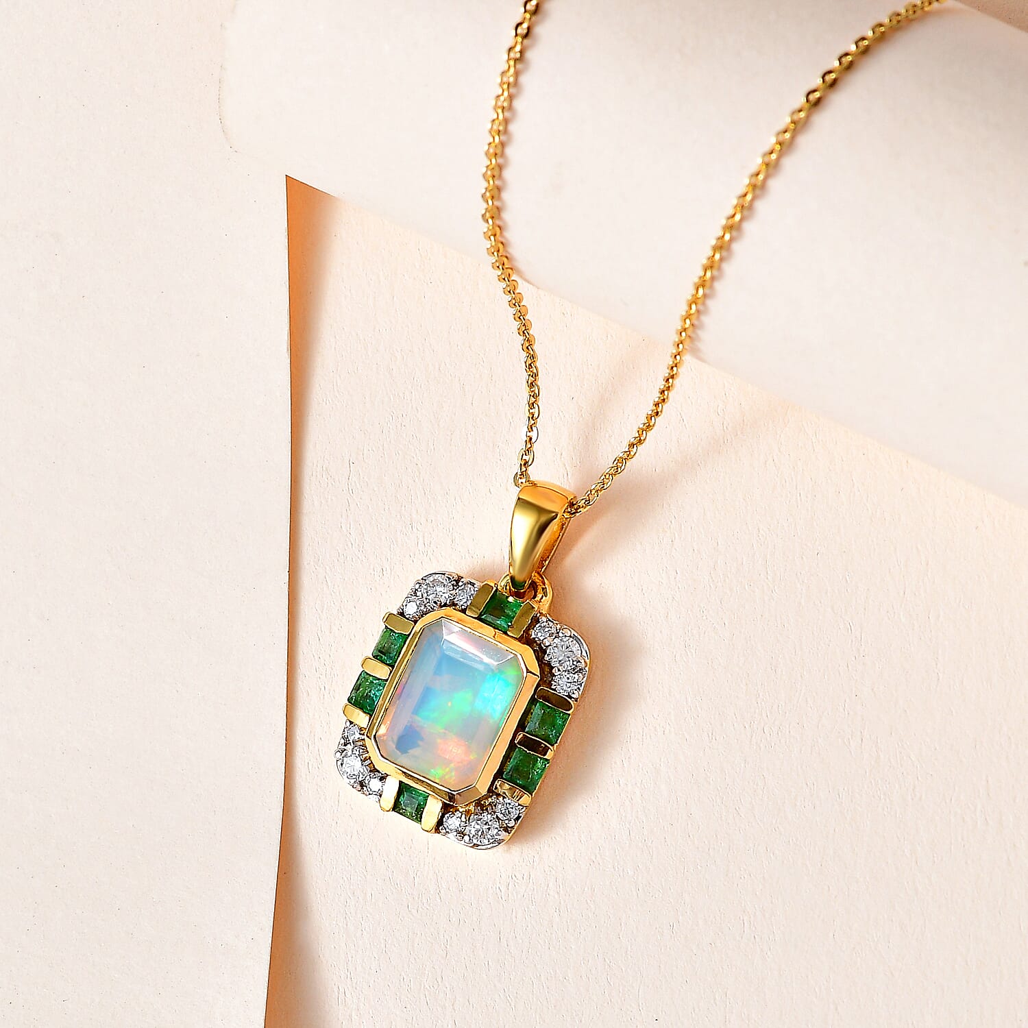 Ethiopian Welo Opal, Emerald & Moissanite Pendant with Chain (Size 20) in 18K Yellow Gold Vermeil Plated Sterling Silver 2.10 Ct, Silver Wt 5.00 GM