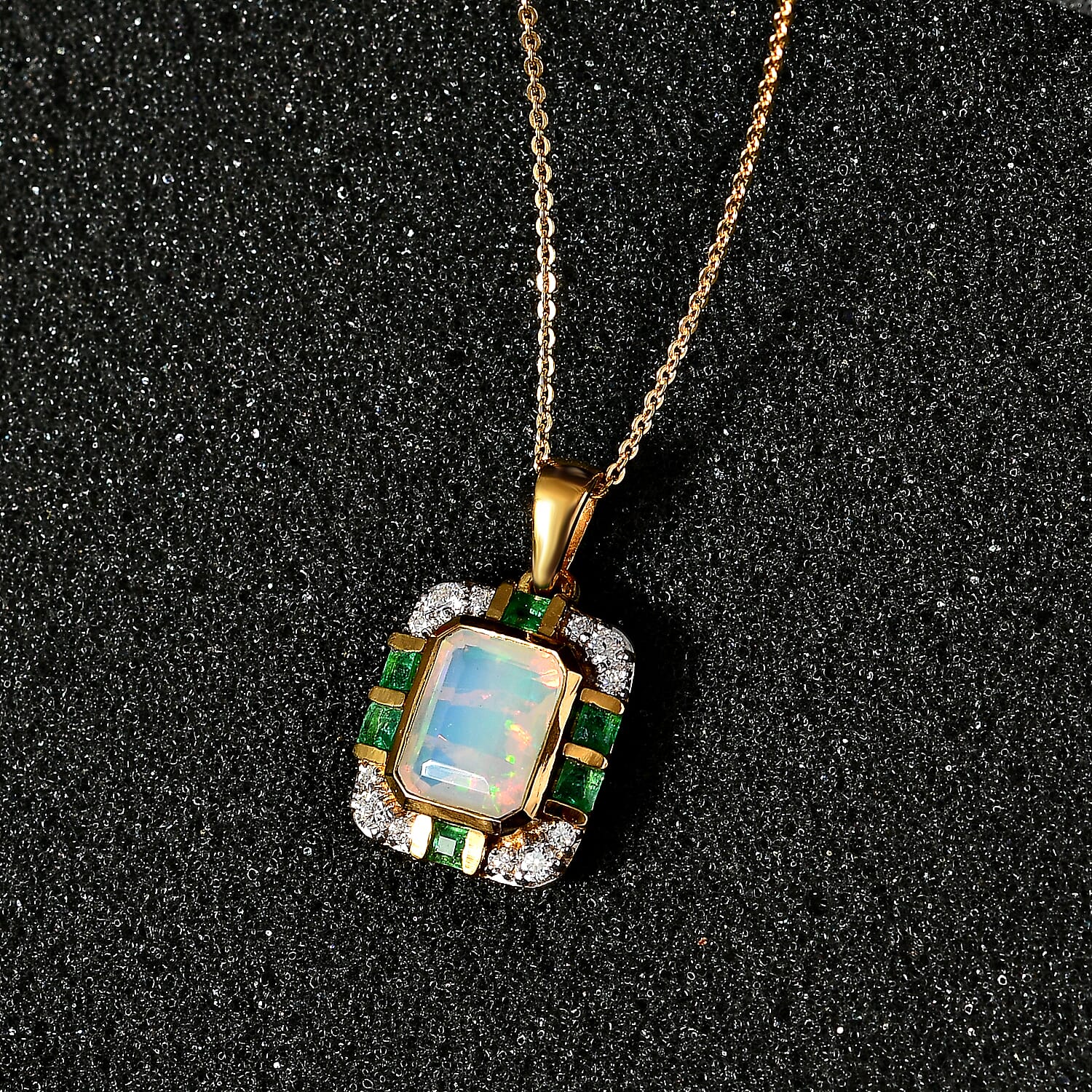 Ethiopian Welo Opal, Emerald & Moissanite Pendant with Chain (Size 20) in 18K Yellow Gold Vermeil Plated Sterling Silver 2.10 Ct, Silver Wt 5.00 GM