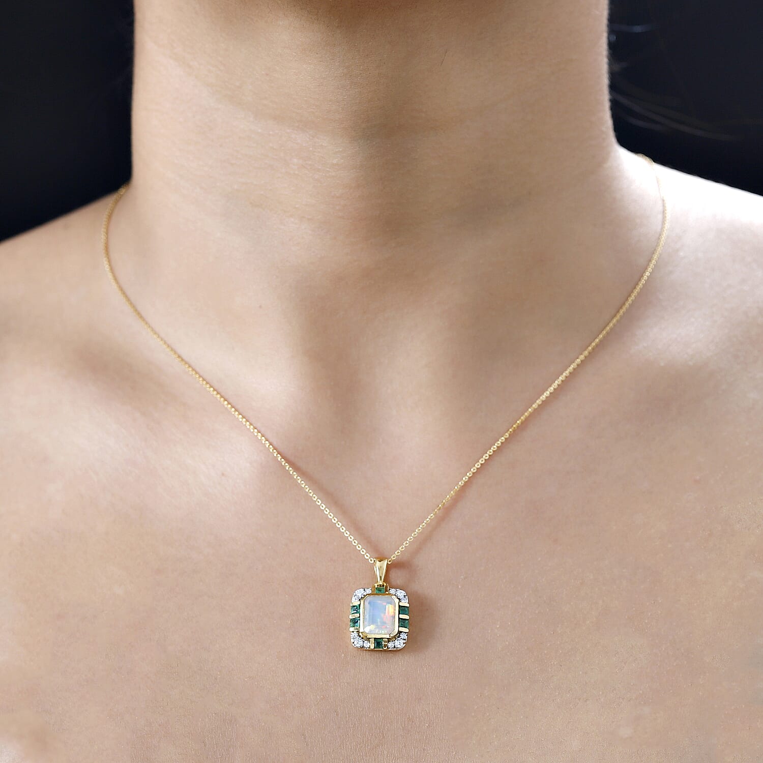 Ethiopian Welo Opal, Emerald & Moissanite Pendant with Chain (Size 20) in 18K Yellow Gold Vermeil Plated Sterling Silver 2.10 Ct, Silver Wt 5.00 GM